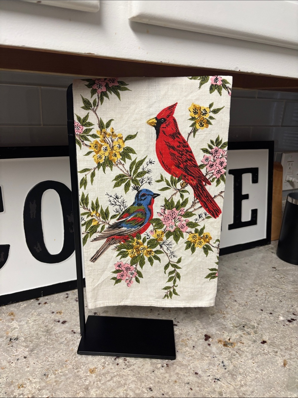 Vintage Swiss linen kitchen towel with birds